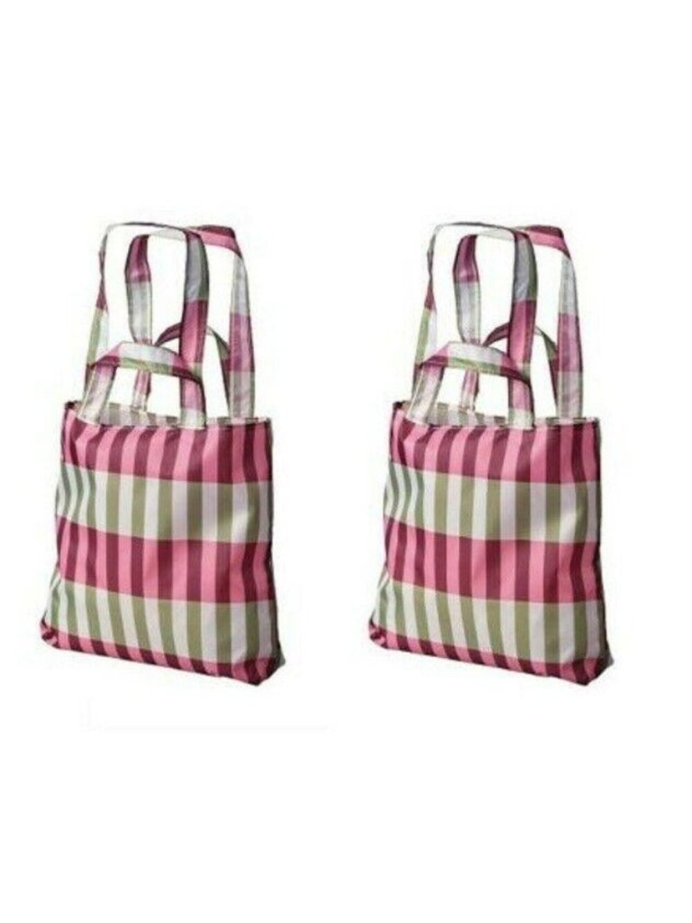 2 IKEA Skynke Reusable Shopping Bags Handles Pouch Plaid Pink Green Sustainable